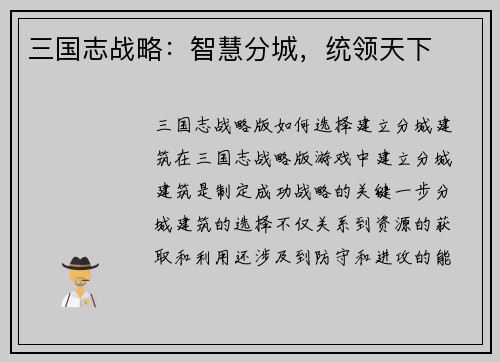 三国志战略：智慧分城，统领天下